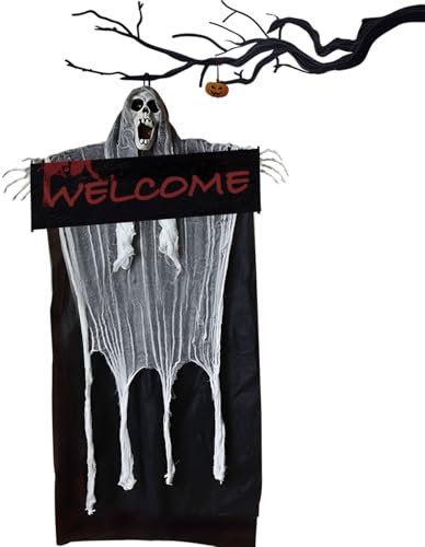 PAPU 150 cm Halloween Deko Hängende Geister mit Welcome Schild,Horror Sensenmann Dekorationen Ghost zum Aufhängen Halloween Deko Gruselig Geist für Spukhaus-Requisiten,Garten Outdoor,Hof Rasen