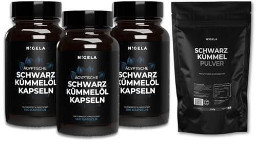 Nigela Schwarzkümmelöl Kapseln Bundle - Ägyptisches Schwarzkümmelöl ungefiltert - Hochwertige Schwarzkümmel Öl Kapseln aus Deutschland - 3x 180 Stück