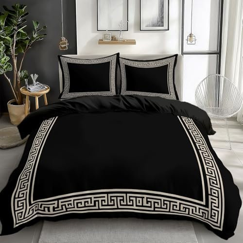 CozyRest Bettwäsche Set Antikes griechisches Laubsägewerk Bettbezug Doppelseitig Bettwäsche Schwarz 135 x 200 cm Bettbezug für Erwachsene und Kinder 2 Kissenbezüge 80x80cm