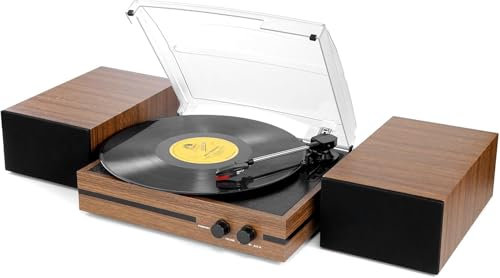 Tocadiscos Bluetooth con grabación de Vinilo Vintage, transmisión por Correa, Altavoces estéreo duales, Reproductor LP, Entrada Auxiliar para Auriculares, 3 velocidades, 3 tamaños, marrón