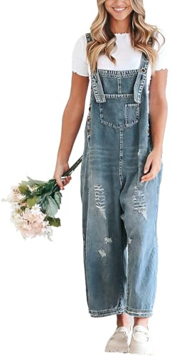 Sukany Women's Vintage Casual Denim Jean Overalls Loose Distressed Bib Dungarees Adjustable Baggy Harem Romper Jumpsuit Pants Dark Blue M