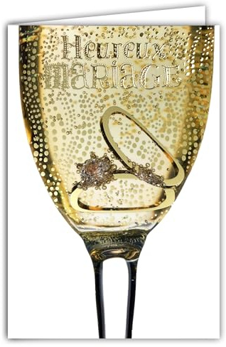 63-1162 Carte Heureux Mariage Félicitations Couple Alliances et Bague de Fiançailles Flute de Champagne Bulles de Bonheur en Or Doré - Avec Enveloppe Blanche Format 12x17,5cm - Fabriqué en France