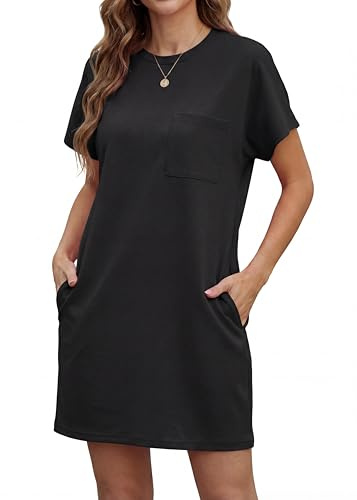 GRECERELLE Women's Summer T-Shirt Mini Wrinkle-Free Dress with Pockets | Short Sleeve Soft Holiday Beach Dresses for Ladies UK with Pocket Sundress everyday styling