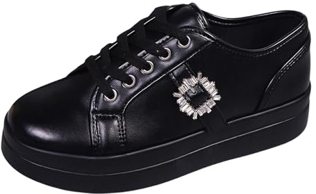 Sneaker da donna in pelle, con lacci, leggere, comode, da ginnastica, per il tempo libero, per camminate, per attività all'aria aperta, Nero , 43 EU