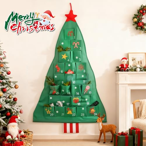 MaxEarn Christmas Empty Advent Calendar to Fill Yourself, Reusable Christmas Tree Fabric Advent Calendar 2026 with 24 Pockets, Wall Door Hanging Bag for DIY Home Holiday Countdown to Xmas Decor