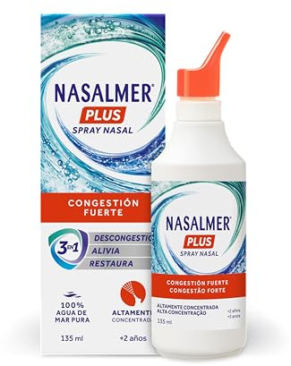 Nasalmer Plus Spray Nasal, 100% Agua de Mar, Alivio de la Congestión Severa, Adultos y Niños +2 años, 135 ml