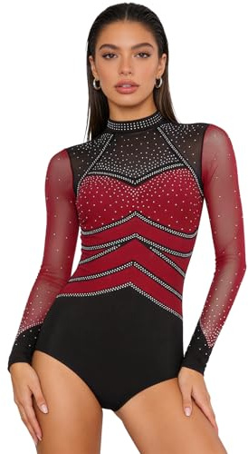 FEESHOW Women's Color Block Bodysuit Gymnastics Leotard Figure Skating Jumpsuit Ballet Dance Bodysuit Top Burgundy Small