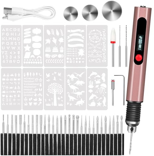 Cordless Engraving Pen, 3-Speed Electric Engraving Tool Kit, Engrave 50+ Surfaces, with 30 Small Drill Bits, 8 Grinding Accessories and 10 Engraving Templates, USB for Soft Wood Resin Stone Jewelry