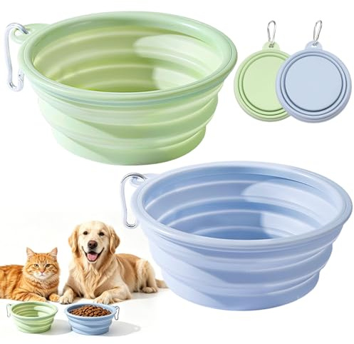 Fancysky Ciotola Cane Pieghevole 2 Pezzi con Moschettone, Ciotola Pieghevole in Silicone, Ciotola Viaggio Portatile per Acqua e Cibo, Accessori per Passeggiata, Campeggio e Outdoor (Blu e verde-650ml)