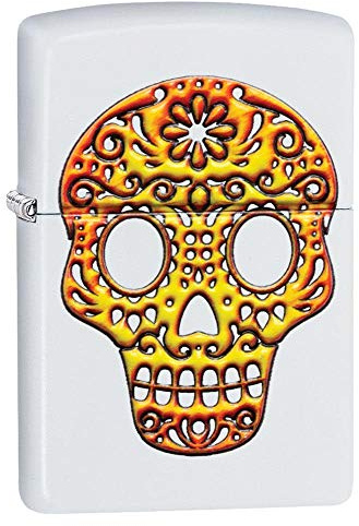 Zippo - Sugar Skull, Texture Print - White Matte - Essence Briquet Coupe-Vent, Rechargeable, dans Une boîte Cadeau de Haute qualité