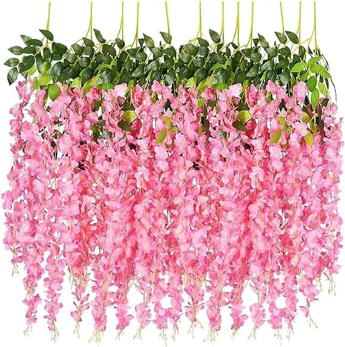SZJH 12 st 9,5 m/delar konstgjorda falska blåregn vinstockar ratta hängande girlang siden blommor snöre hem fest bröllopsdekor (rosa)