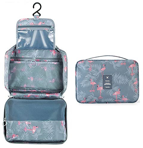Borsa da Toilette Sospesa, Borsa da Trucco Pieghevoli con 4 Scomparti, Beauty Case Impermeabile da Viaggio Grande, Appeso Borsa Cosmetica, Wash Bag Portatile per Donna Uomo (Grigio-Blu Fenicottero)