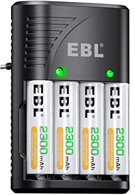 EBL Cargador de Pilas con Pilas AA, Cargador para Pilas AA AAA 9V Ni-MH