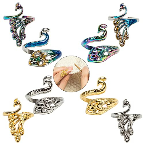 ZESION 8 Adjustable Peacock Crochet Rings, Knitting Rings Wool Guide Finger Holder for Quilting Sewing Crafts DIY Hand Knitting Tools