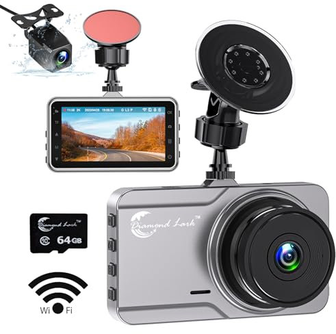 Diamond Lark Dash Cam 2K Front and 1080P Rear Built-in WiFi, Car Camera Dashcam with 32G Card, 3'' LCD Screen, 170°Wide Angle, Night Vision, WDR, 24H Parking Monitor, Loop Recording, G-Sensor
