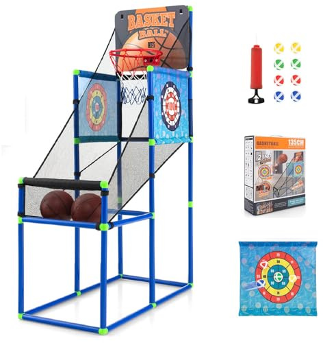 Maxmass 2-in-1 Kids Arcade Basketball Hoop, Children Basketball Hoop Game with 8 Sticky Balls, 2 Basketballs, Electronic Scoreboard & Sound Effect, Outdoor Indoor Basketball Stand Set for 3+ Years Old