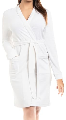 NY Threads Cotton Blend Lightweight Waffle Robe for Women Knee-Length Soft Bathrobe, Large, White