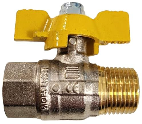 Rubinetto Enolgas Valvola a Sfera a Passaggio Totale per Gas Combustibili M/F con Farfalla Gialla, Nichelato Diametro 1/2