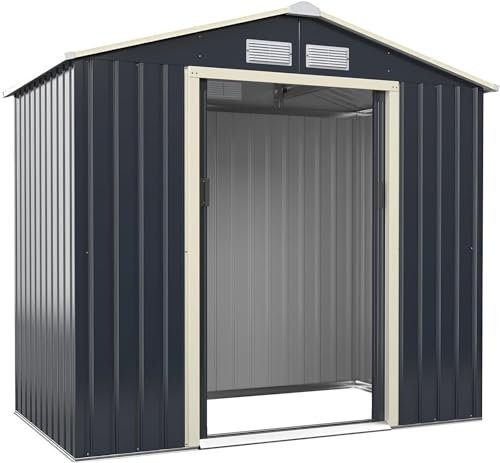 TANGZON 7x4/6x4ft Metal Garden Shed, Outdoor Galvanized Tool Storage House with Glove, Lockable Doors & 4 Vents, Trash Can Bike Tool Toy Utility Gardening Shed Box (Grey+White, 213x127x195cm)
