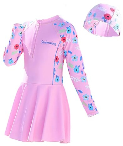 NautySaurs Costume de bain à manches longues pour fille - Maillot de bain une pièce avec jupe - Maillot de bain pour grandes filles avec bonnet de bain, rose, 8-9 ans