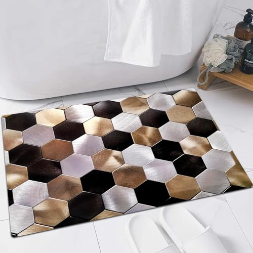 EMFSLA rutschfest Badezimmer Badeteppiche,Weich Hochflor Saugfähig Badvorleger Waschbar Flauschige Mikrofaser Badematte,Hintergrund aus glänzenden Sechsecken aus Gold, Silber und Schwarz,40x60 cm