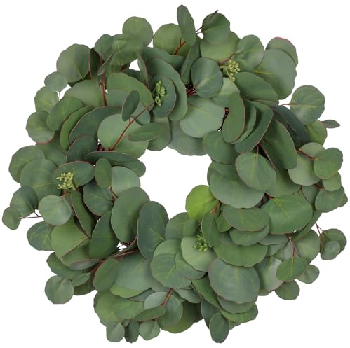 38 cm konstgjord eukalyptuskrans, bladkrans, ytterdörrkrans, dörrkrans, dekoration, grön krans för bondgård, fönster, dekoration, bröllop, dörr, fest, vägg, festival, trädgård, dekoration