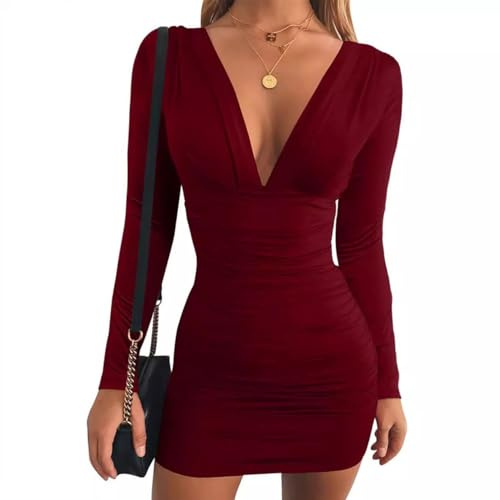 EMOTTOS Sexy Mini Wrap Dress, Sexy Deep V-Neck Ruched Dresses, Soft Long Sleeve Bodycon Pencil Dress, High Elasticity Mini Tube Club Cocktail Party Dress(Red, S)