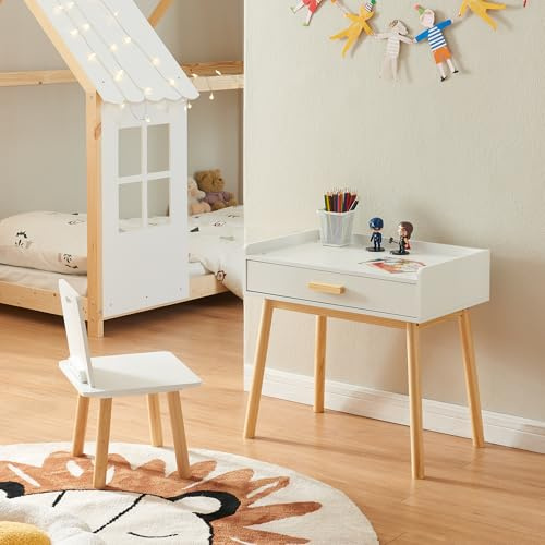 [en.casa] Conjunto Infantil de 1 Mesa y 1 Silla Skjervøy con Cajón Juego Elegante de 2 Piezas para Niños y Niñas Madera de Pino - Natural/Blanco