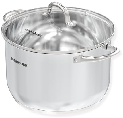 SUNHOUSE Stainless Steel Stock Pot - 11 Quart Heavy-Duty Induction Cooking Pot with Visible Lid for Pasta, Soup, Spaghetti - Nonstick Thick-Bottom Deep Stockpot for Canning, Boiling, and Simmering