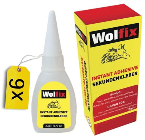 Wolfix superlim extra stark flytande 20 g 6 stycken – tyglim, monteringslim, textillim och keramiklister – universallim för professionella reparationer – perfekt för plast, keramik, trä och metall