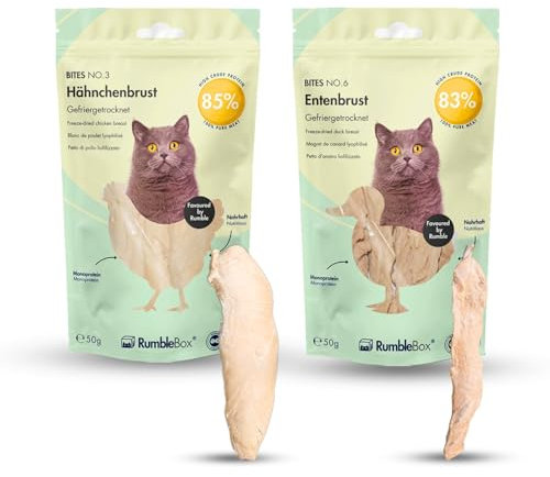 RumbleBox Sparbox 100% Hühner- & Entenbrust Gefriergetrocknete Katzensnacks, Monoprotein Leckerlis ohne Getreide und Zucker für Allergiker, NUR 1 ZUTATEN (2x50g)