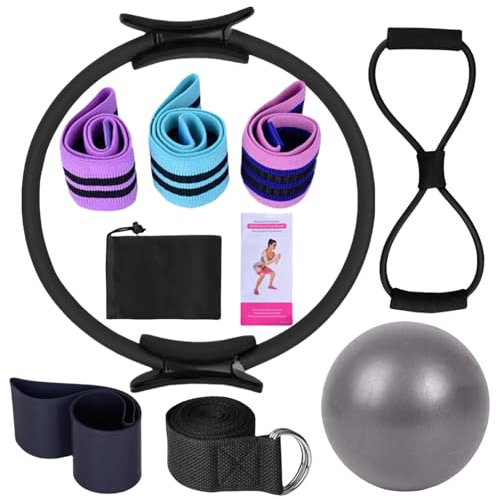 Pilates Ring Set, 8 Teiliges Pilates Set für Zuhause mit Pilates Ring Yoga Ball, Yoga Gurt und Fitnessbänder, Pilates Kit, Pilates Essentials Kit für Yoga, Pilates, Stretching und Fitness (Schwarz)