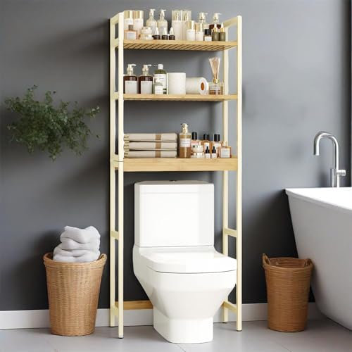 TerraVibe Toilettenregal, Bambus WC Regal, Waschmaschinen überbau mit 3 Ablagen, Toiletten Regal Platzsparender Großem Fassungsvermögen für Waschküche Badezimmer Toilette