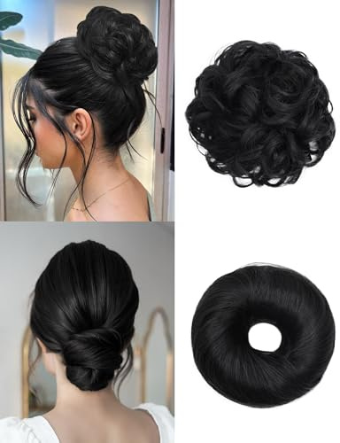 HSLHDI 2PCS Messy Bun Hair Piece-Large Wavy Curly & Donut Updo Hair Pieces Set, Scrunchies Synthetic Chignon Ponytail Extensions Thick Updo for Women(Natural Black)