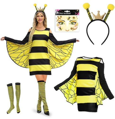 Disfraz Abeja Adulto Mujer, Vestido Abeja Mujer, Disfraz Abej-a Accesorios con Abej-a Antena Diadema, Rayas Calcetines, Pegatinas de Cara, Traje Disfra-z de Abej-a para Carnaval Halloween Cosplay