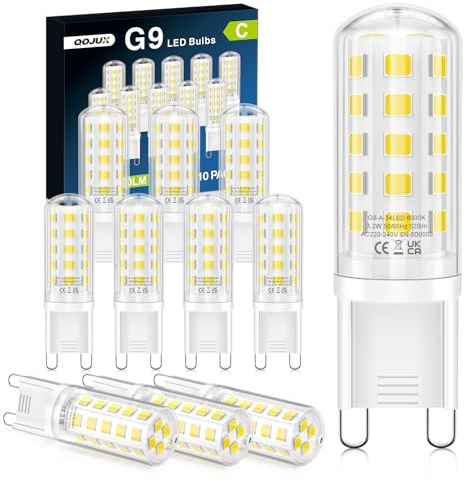QOJUX 3,2 W G9 Bombillas LED blanco frío, clase energética C, 34 LED, 520 lm, equivalente a halógenas de 40-50 W, 6000 K, CA 220-240 V, sin parpadeos, no regulables, paquete de 10