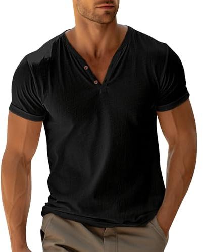 T-Shirt Sport Homme Coton Confortable à Manches Courtes T Shirt Running Col V Couleur Unie Été Classique Henley Shirts Basiques Boutonnée Travail Tee Fête