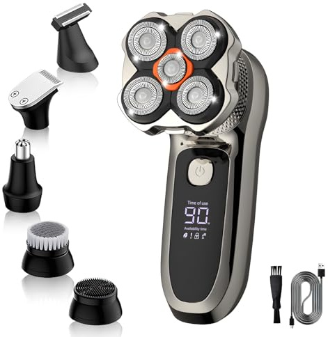 Journeyside Afeitadora Cabeza Hombre 6 en 1, 5D Afeitadora Cabeza Calva Electrica Hombre con Pantalla LED Bloqueo de Viaje, Eléctrica Flotante Flexible Húmeda y Seca para Cabello y Barba, IPX6