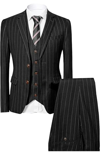 Costume 3 pièces pour hommes, coupe ajustée avec rayures fines, élégant pour mariage, blazer à rayures pour soirées formelles, Noir/blanc, XXL