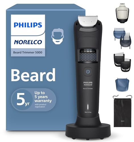Norelco Philips Beard Trimmer 5000 Series, Men's Face Trimmer, 100% Waterproof BeardSense Tech, Precision Trimmer with Fading Combs, Self-Sharpening Blades, Hair Collector & Charging Stand, BT5785/40