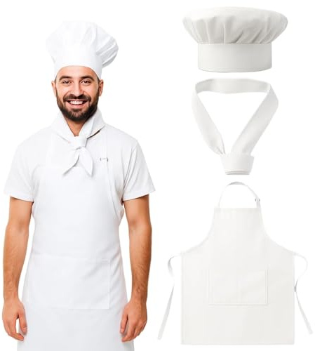BDBFPAN Ensemble de 3 pièces avec toque de chef et serviette de sueur, tablier de cuisinier, tablier de cuisine blanc pour homme et femme, pratique pour la cuisine, le restaurant et les cours de