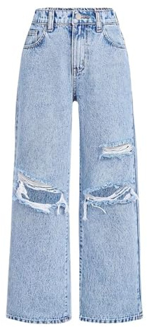 Girls Ripped Jeans High Waist Stretch Denim Jeans 90s Baggy Wide Leg Trousers Cute Hip Hop Streetwear Soft Comfort Fit for School & Play Ages 6-14 Years Light Blue