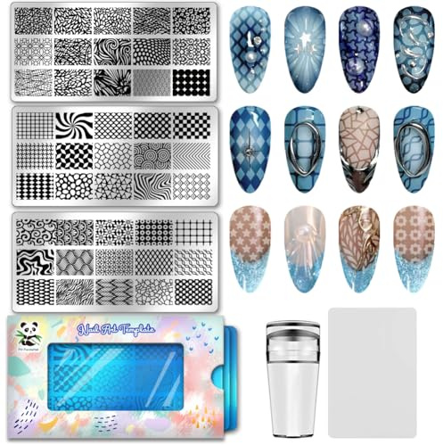 PH PandaHall Placas de estampado de uñas con textura de línea, punta francesa, plantillas geométricas de ondas, plantillas de arte para uñas, diseño de flores y estrellas, plantillas para mujer