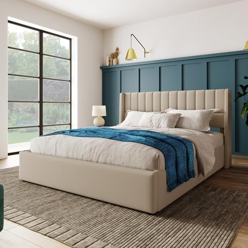 Cama acolchada hidráulica de 180 x 200 cm. Somier de láminas de madera. Cama con somier de láminas de metal. Lino beige