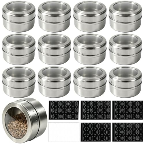 Dtenlur 12 tarros de especias con pegatinas para especias, tarros de especias magnéticos de acero inoxidable, práctico recipiente para especias, recipiente transparente superior para barbacoa