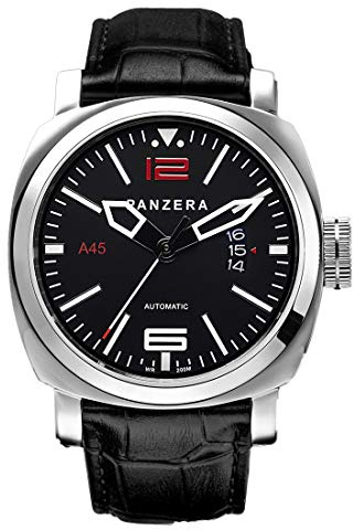 Panzera Aquamarine 45 Automatik Edelstahl 316L Diver Unterwasser Schwarz Day-Date Leder Herren Uhr