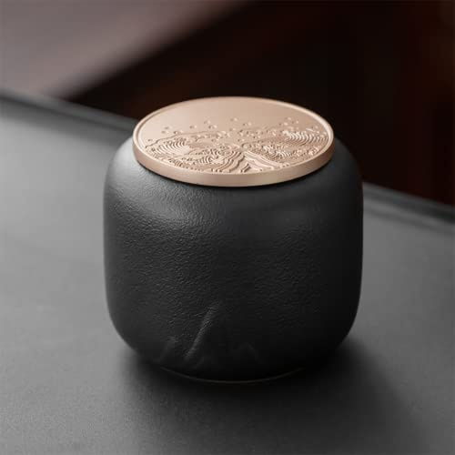 TRENDVEI Black Pottery Tea Caddy, Traditional Ceramic Tea Canister for Loose Tea