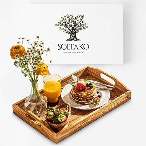 SOLTAKO Bandeja para Servir con Asas de Madera de Olivo Exclusiva, Bandeja de Madera, Bandeja de Cocina, Bandeja de Desayuno, Bandeja de té, Mesa de café, Cocina, 32 x 22 x 4
