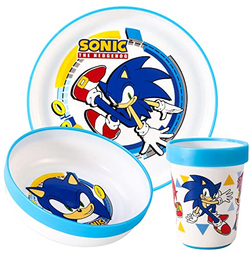 Sonic The Hedgehog - Juego de 3 vajillas reutilizables bicolor para niños, platos y vasos, sin BPA