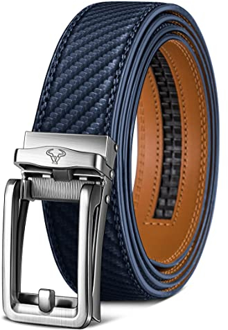 BULLIANT Gürtel Herren, Ledergürtel Herren Gürtel Ratsche Automatik Schnalle für Anzug und Freizeit 35mm,Größe Angepasst(Navy Blau-125cm/36-42 taille verstellbar)